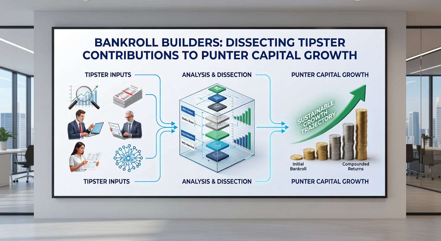Close-up chart of bankroll compounding, with lines representing different tipster strategies intersecting at profit milestones