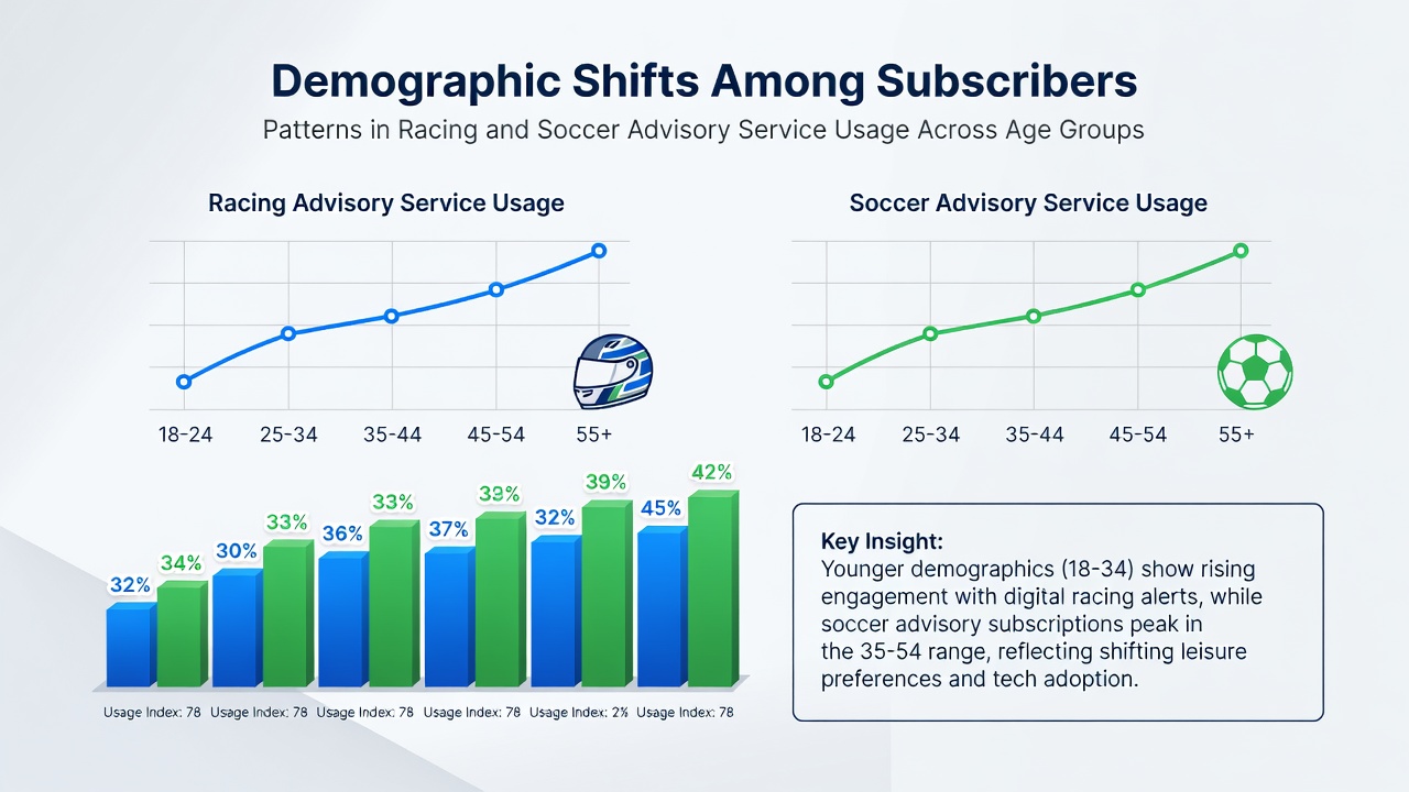 Infographic illustrating crossover subscription rates between racing and soccer advisory services by age bracket in 2026