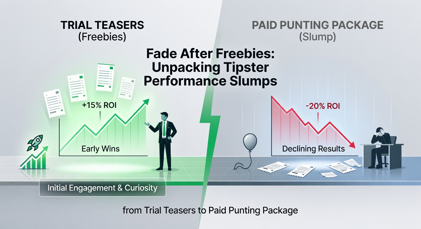 Bar chart comparing average units profit for tipster free trials versus first six months of paid packages, segmented by horse racing, football, and greyhounds, with clear declines evident