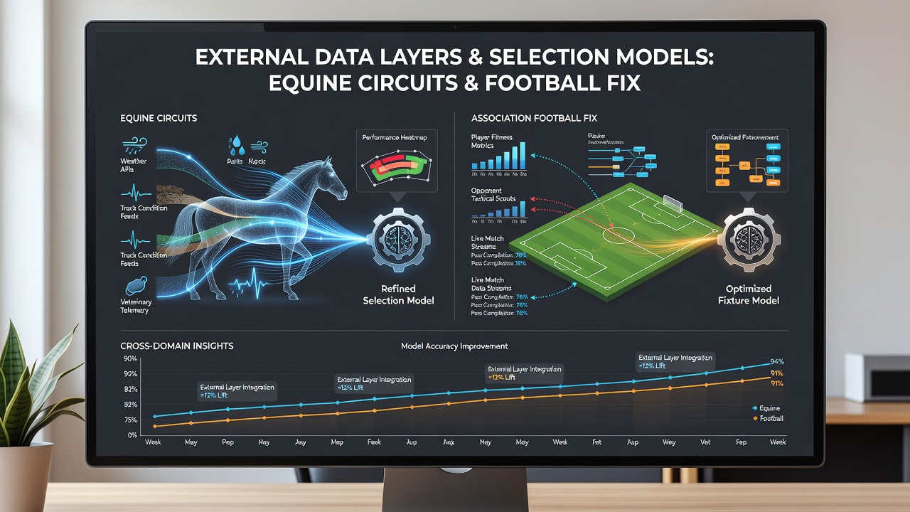 Infographic illustrating external data integration points for football fixture and horse racing selection systems