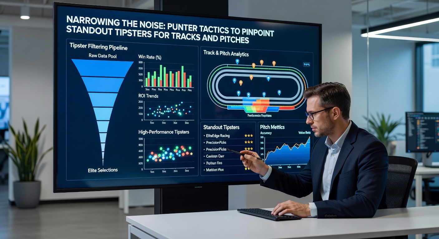 Charts comparing tipster performance graphs for horse racing tracks and soccer pitches, with highlighted low-noise performers