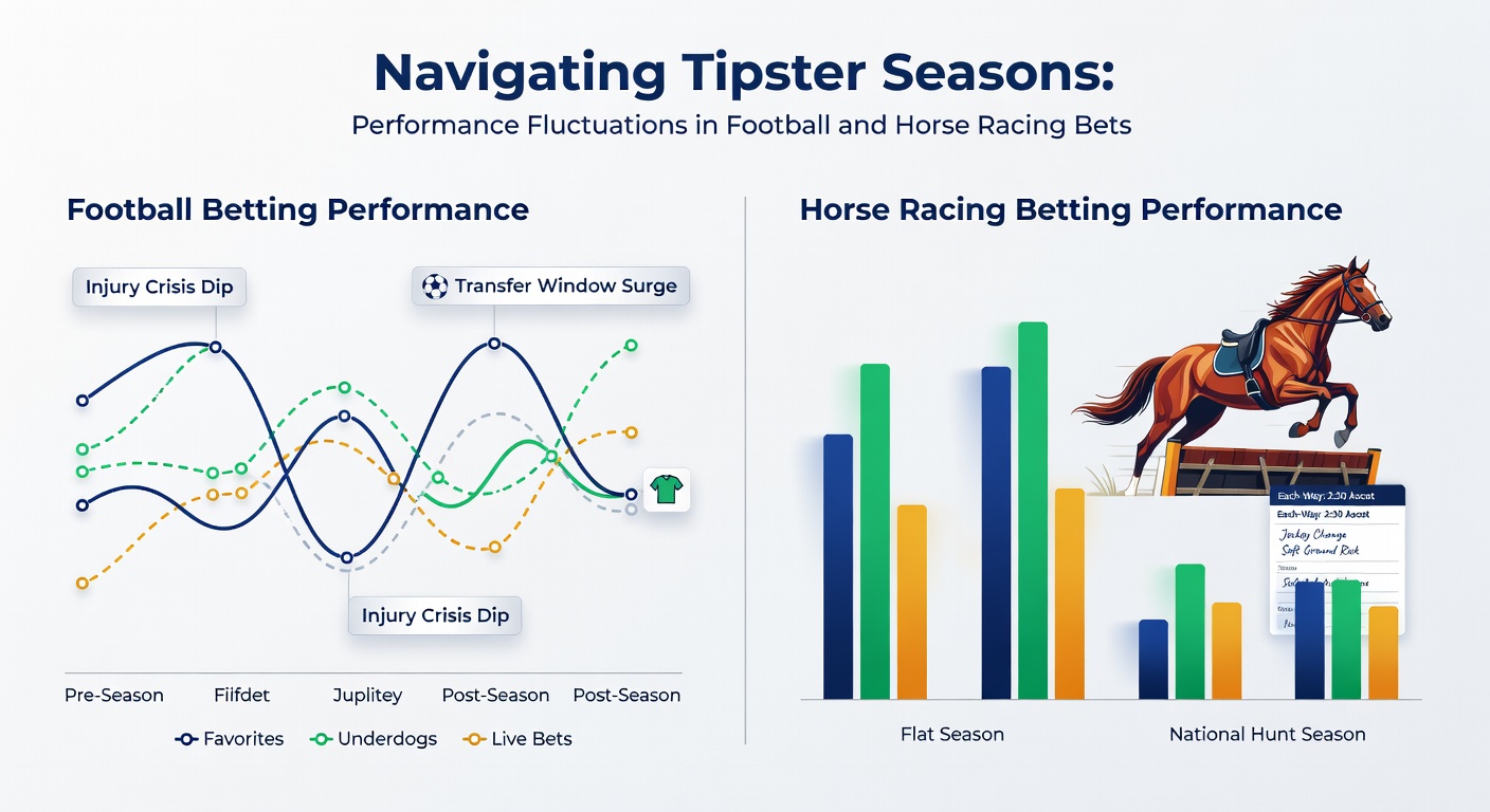 Split chart comparing football tipster yields by month against horse racing seasonal ROI curves, highlighting April upticks and winter dips