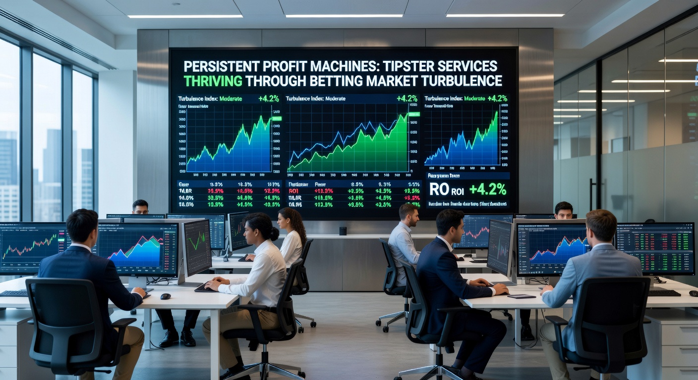 Dashboard screenshot of a thriving tipster service displaying profit graphs, yield metrics, and turbulence-adjusted strategies during a volatile betting period