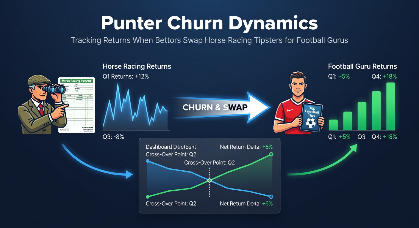 Infographic comparing horse racing versus football tipster performance metrics, including ROI timelines and churn impact visuals