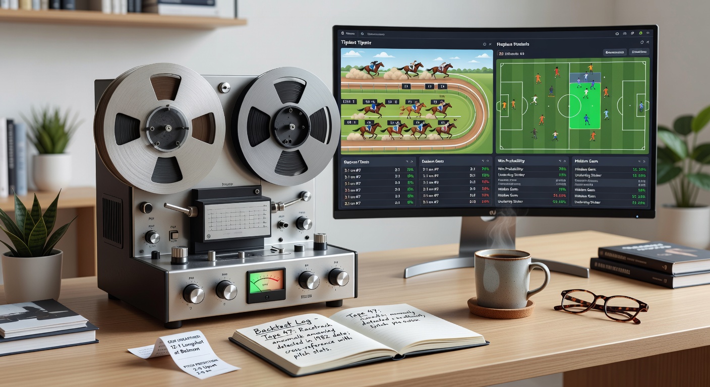 Close-up of a computer screen displaying backtest charts with graphs spiking on racetrack and soccer icons, overlaid with cassette rewind symbols