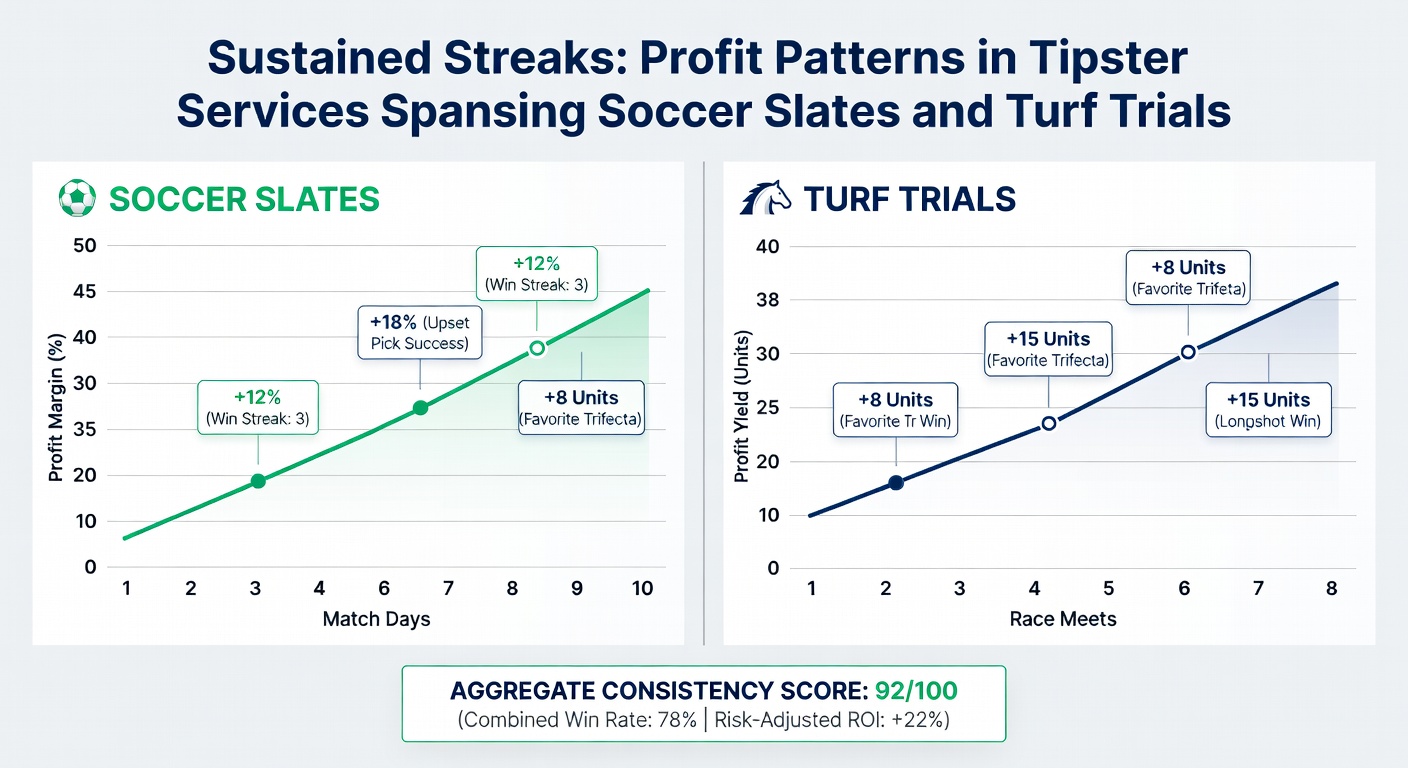 Close-up chart of a tipster's multi-sport profit streak, highlighting soccer weekends and racing midweeks with consistent upward trajectory