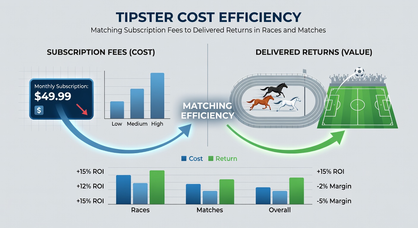Infographic comparing subscription fee tiers against average ROI for horse racing and soccer tipsters, highlighting efficient services in green zones