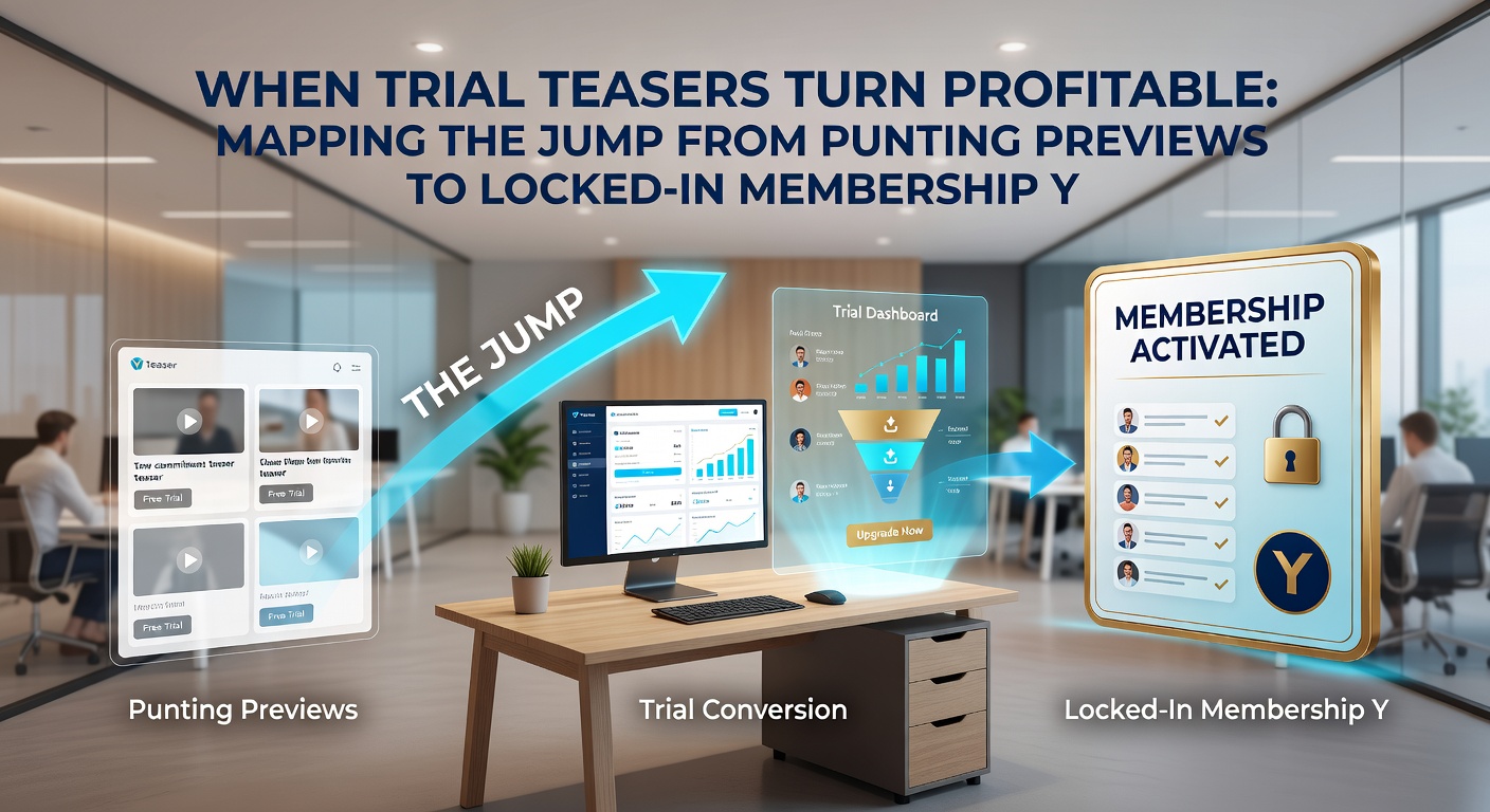 Infographic detailing conversion funnel stages from free previews to membership renewals, with percentage breakdowns and profit projections